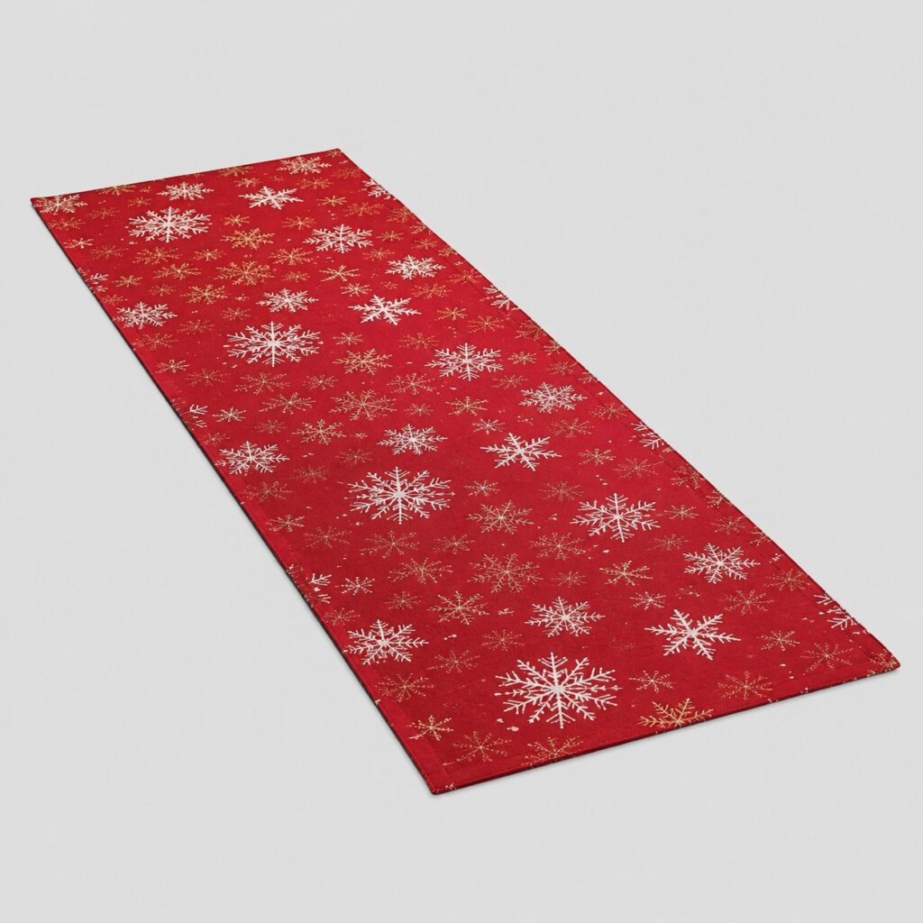 Chemin de table rouge à flocons de 33 x 183 cm sur fond gris clair
