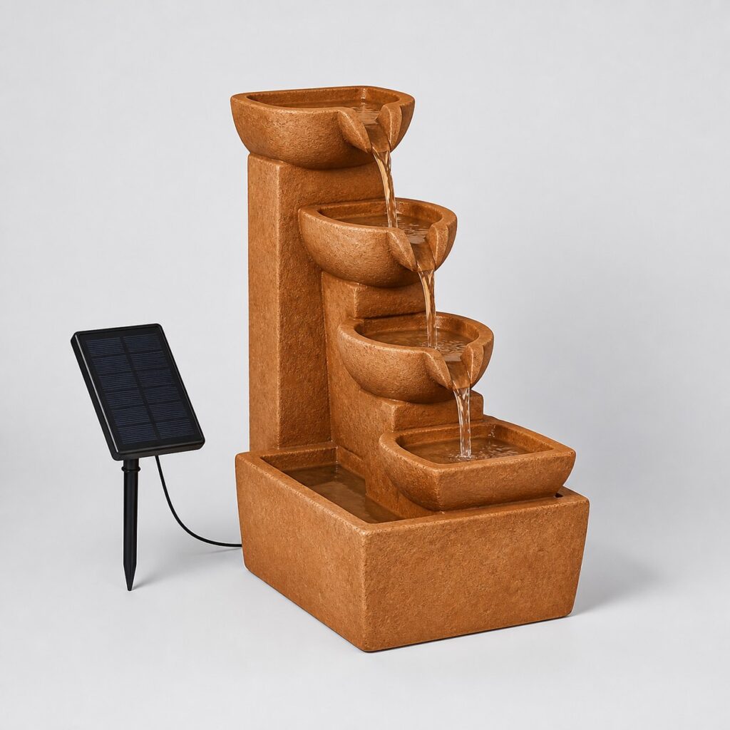 Fontaine solaire à quatre niveaux en résine terracotta sur fond gris clair