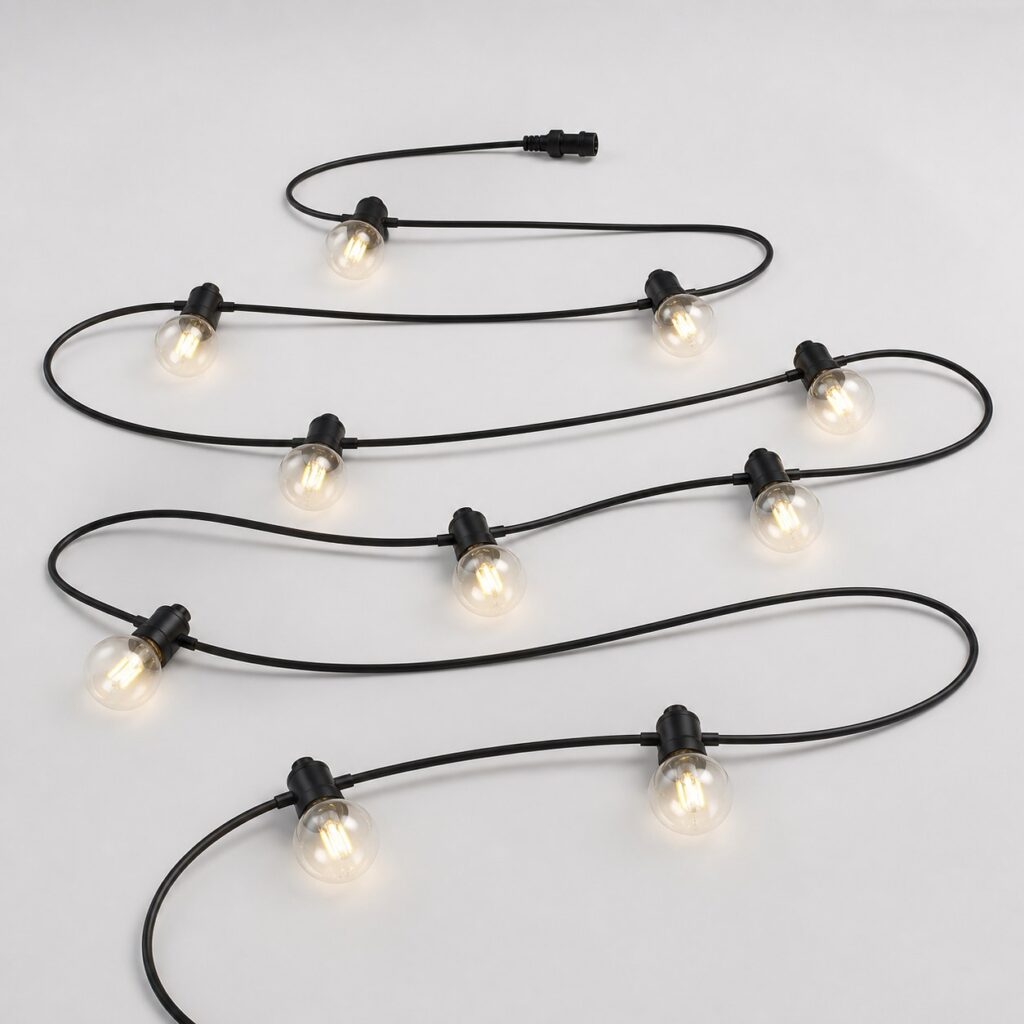 Guirlande guinguette de 10 mètres à dix ampoules sur câble noir, fond gris clair