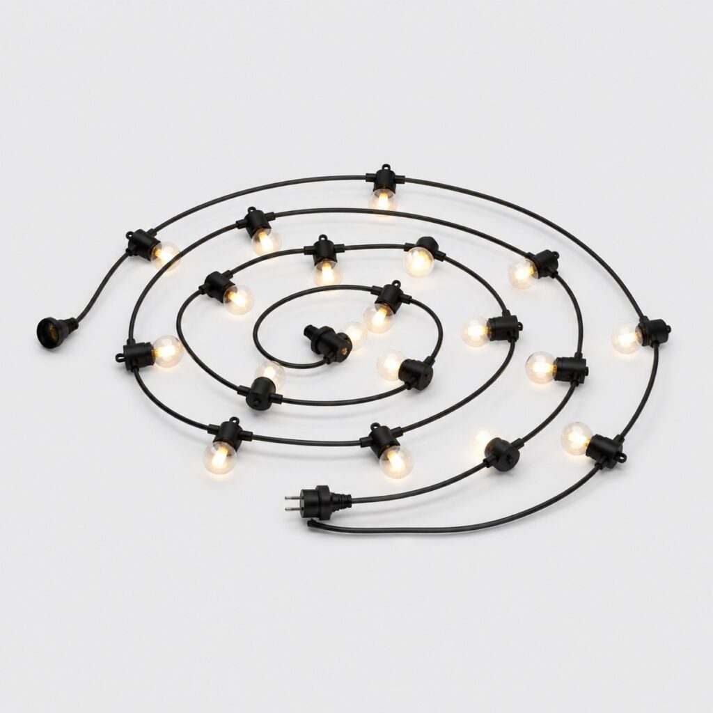 Guirlande guinguette de 20 mètres à câble rond noir et 20 ampoules, sur fond gris clair