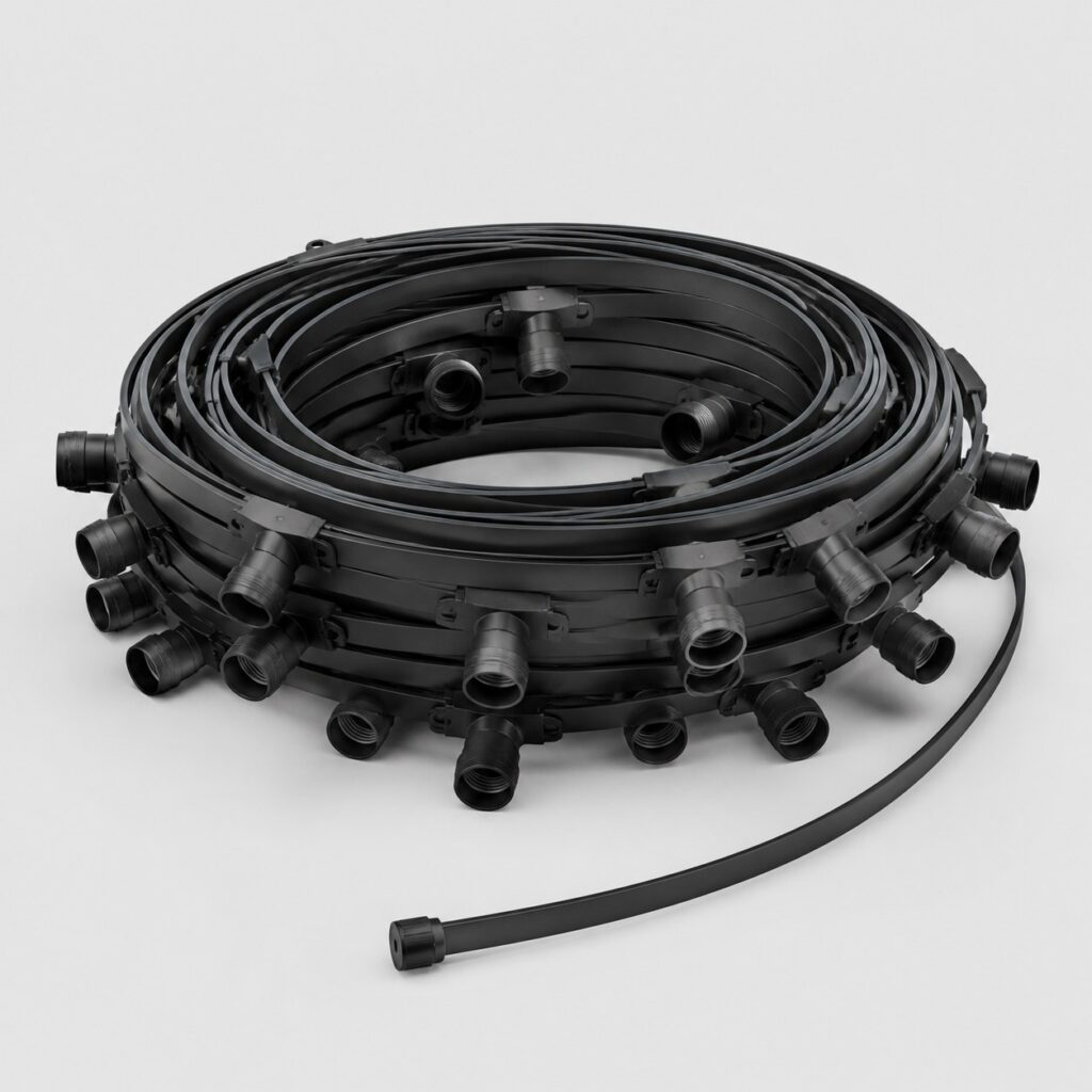 Guirlande guinguette de 50 mètres à câble plat noir et douilles vides, sur fond gris clair