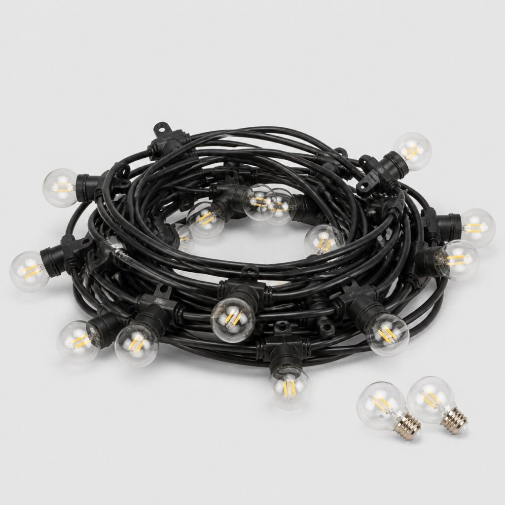 Guirlande guinguette LED à quinze ampoules vissantes et deux de rechange, fond gris clair