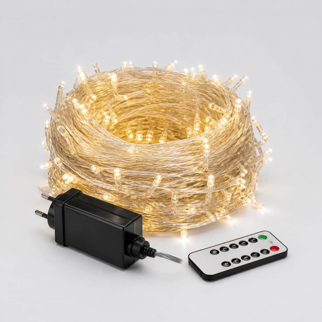 Guirlande de Noël à câble transparent, bloc secteur et télécommande sur fond gris clair