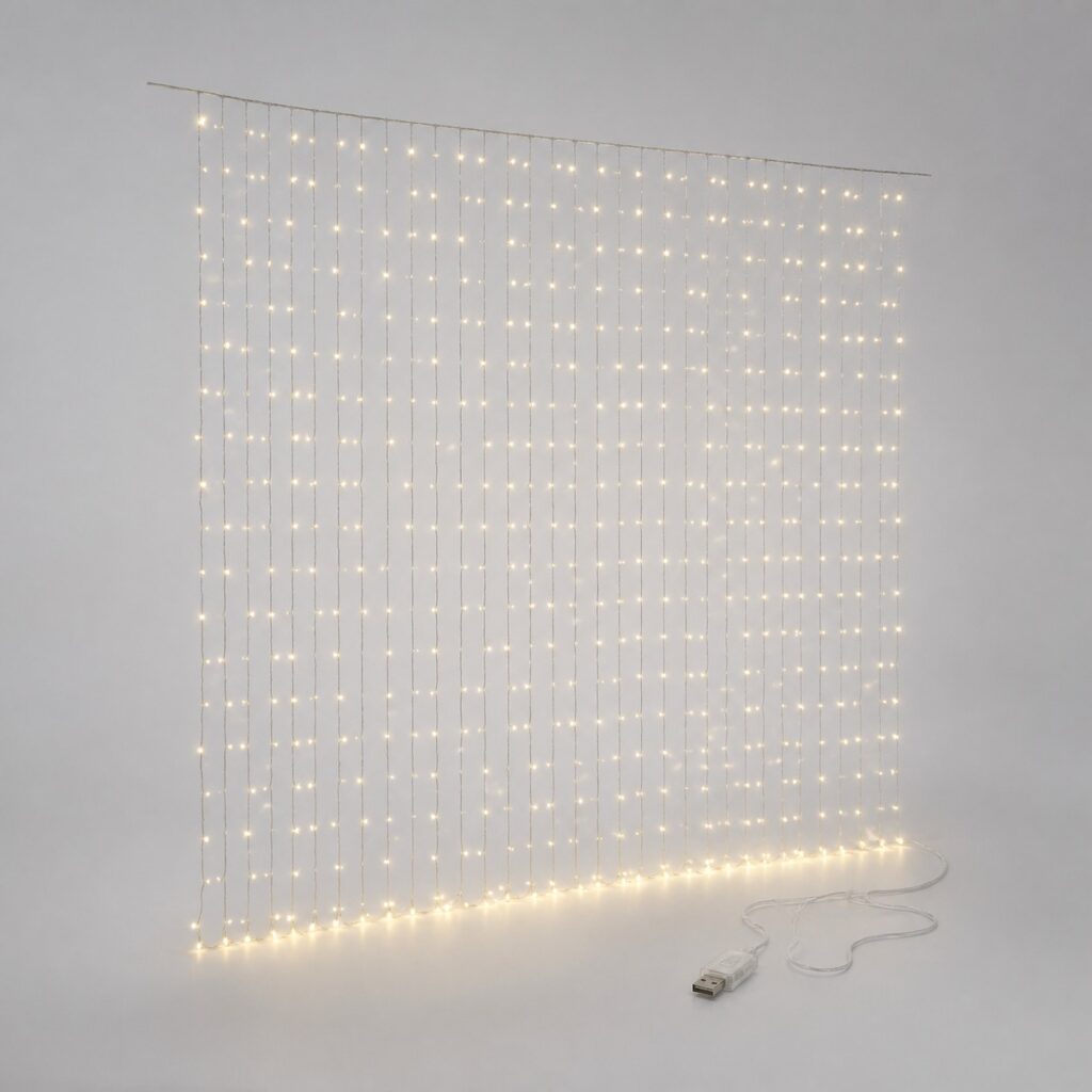 Rideau lumineux à brins verticaux transparents et 300 diodes sur fond gris clair