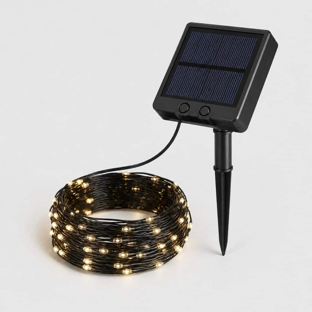 Guirlande solaire à micro-LED et son bloc capteur photovoltaïque sur fond gris clair