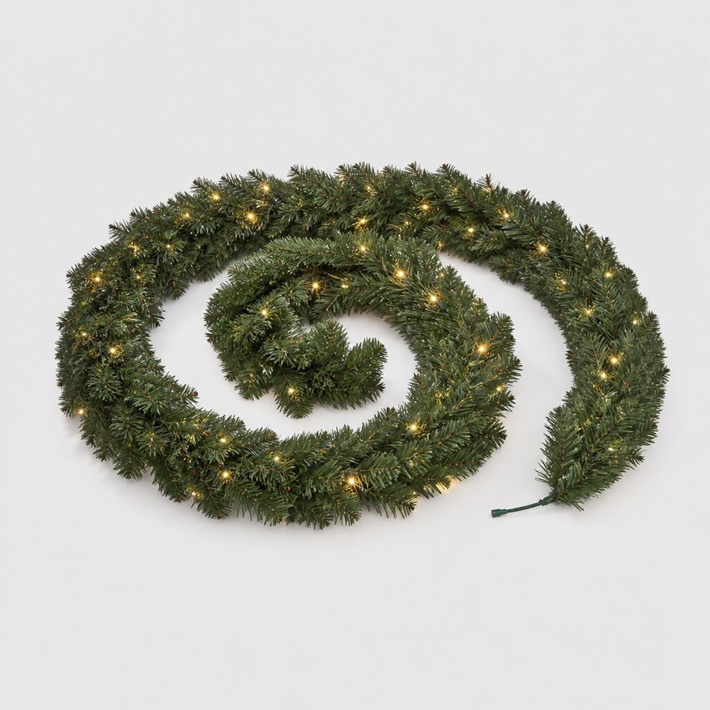 Boa de sapin artificiel pré-éclairé de 270 cm sur fond gris clair