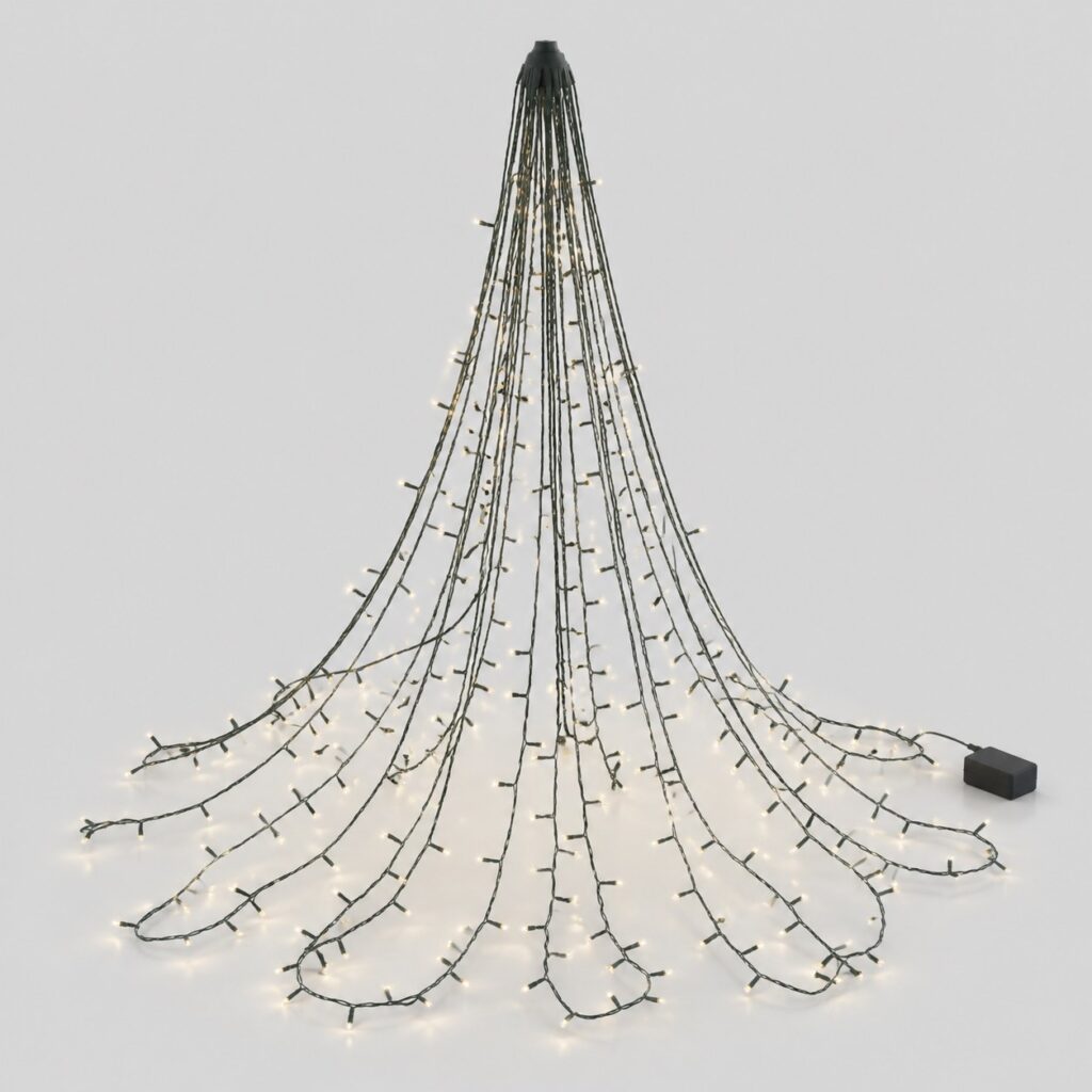 Guirlande cascade à seize brins et micro-diodes blanc chaud sur fond gris clair