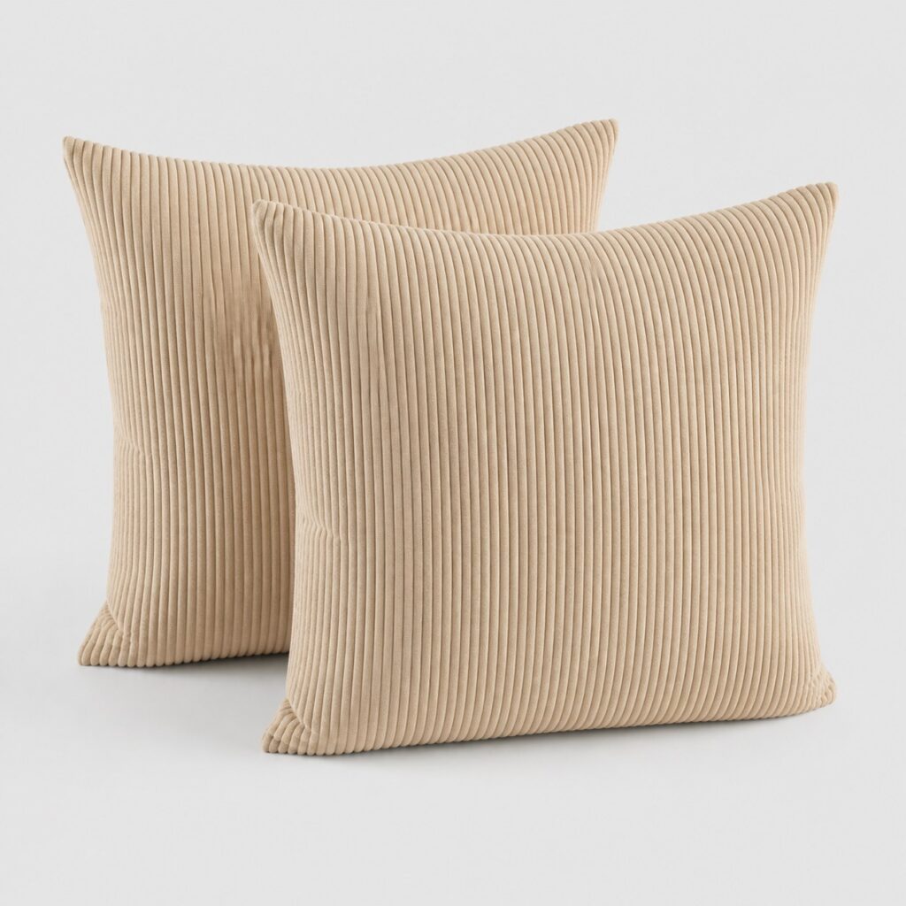 Deux housses de coussin 60x60 en velours côtelé beige sur fond gris clair