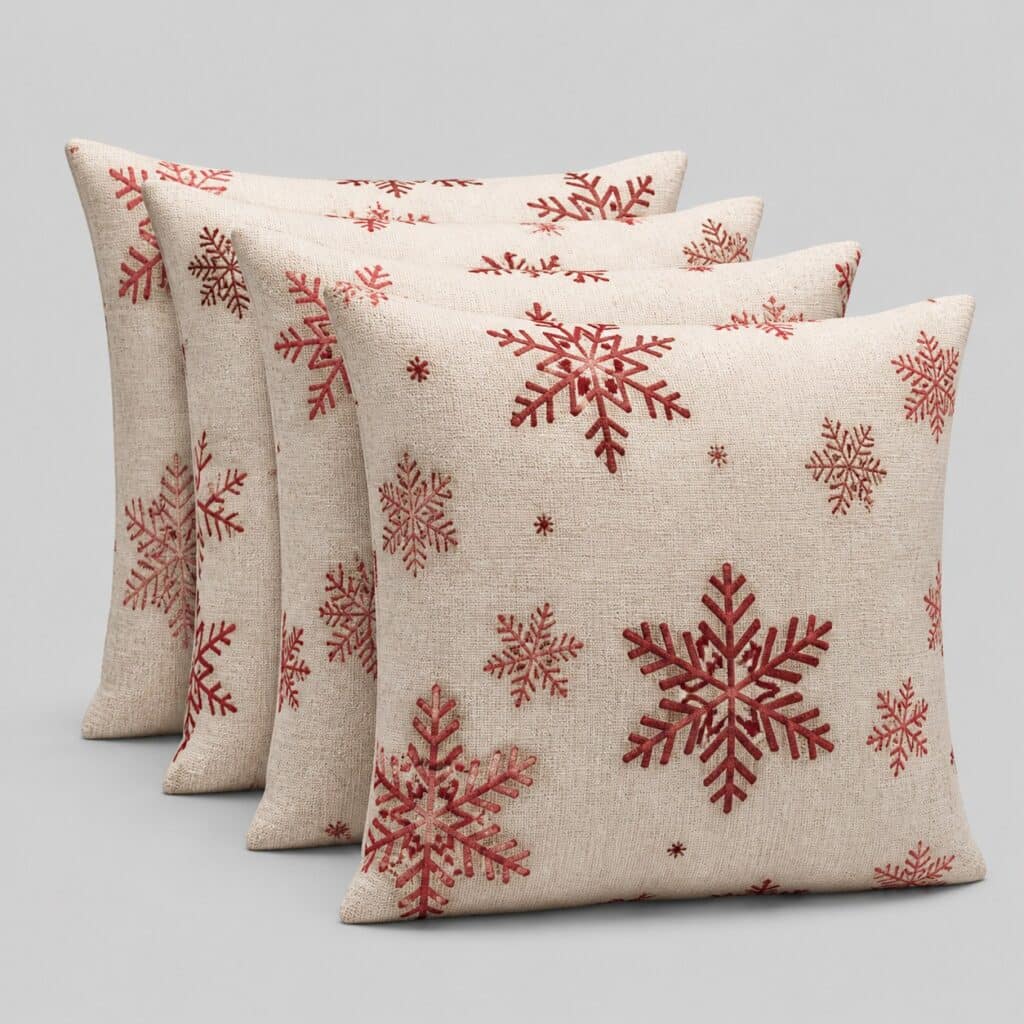 Quatre housses de Noël 45x45 en coton et lin à motif flocon sur fond clair