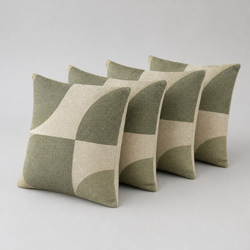 Quatre housses 45x45 en coton et lin à motif géométrique sur fond clair