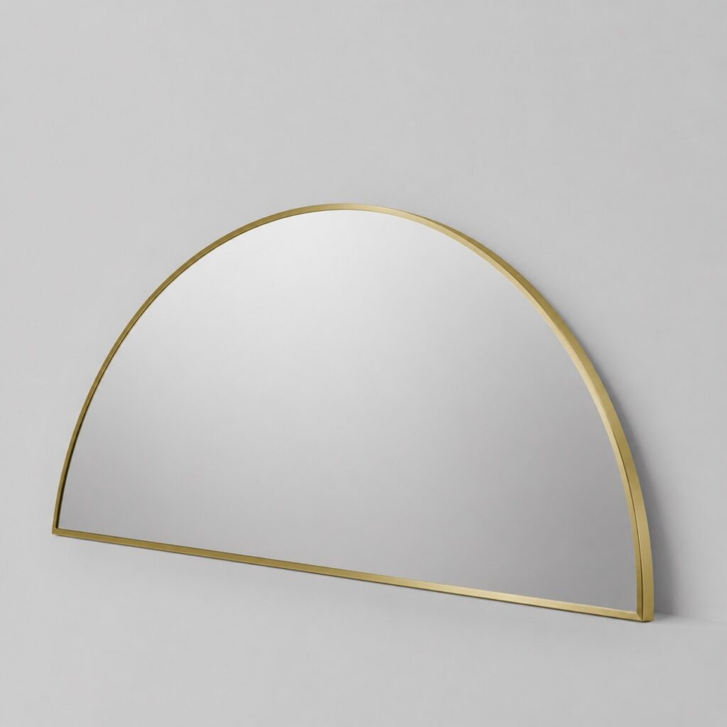 Miroir demi-cercle de 150 cm à cadre doré brossé sur fond gris clair