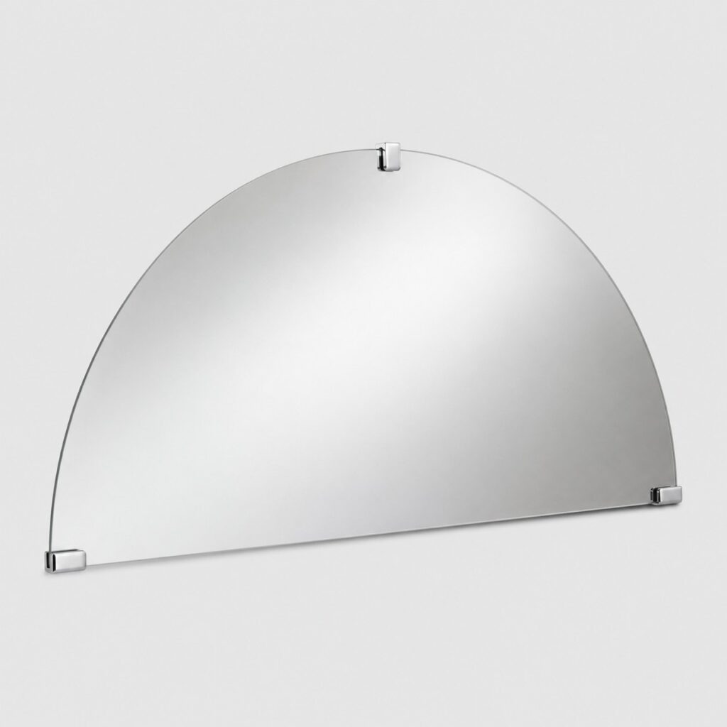 Miroir demi-rond sans cadre avec ses pattes chromées sur fond gris clair