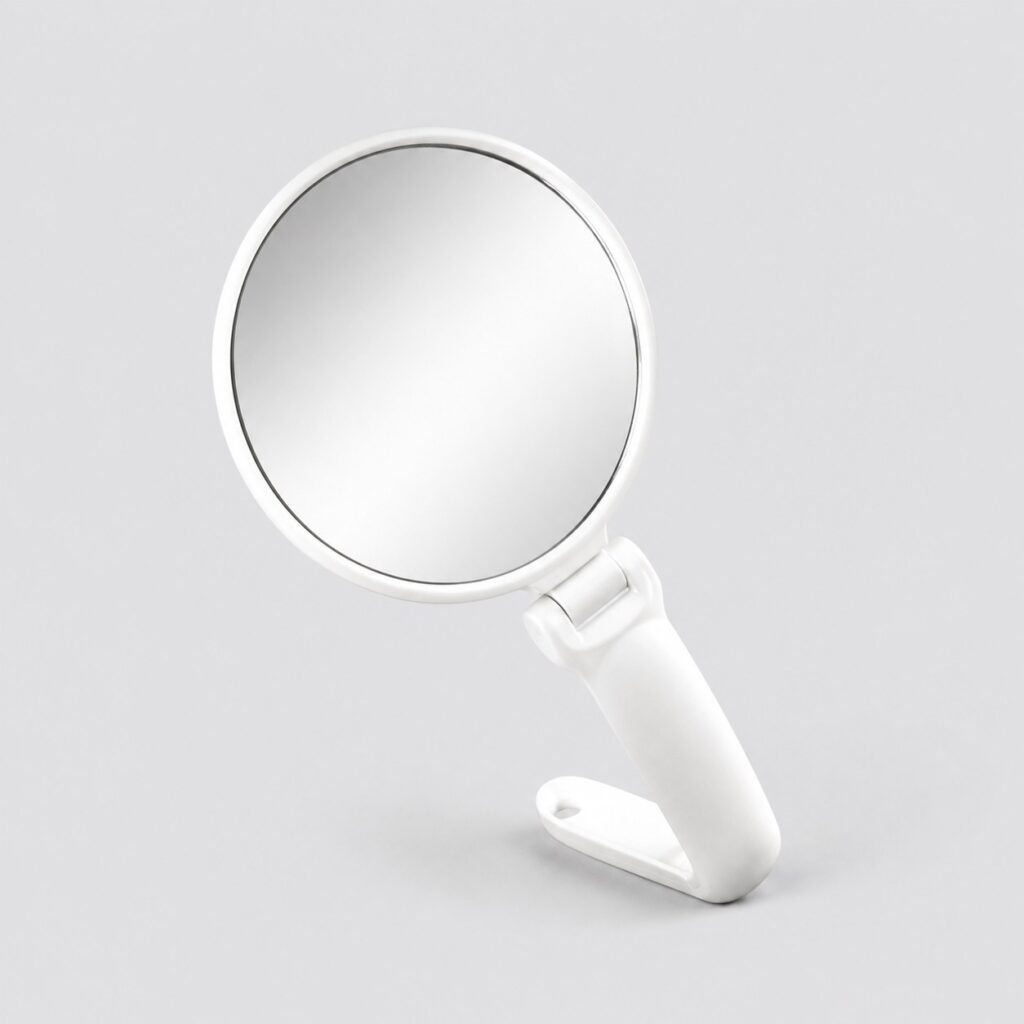 Miroir à main blanc double face à poignée articulée, fond gris clair