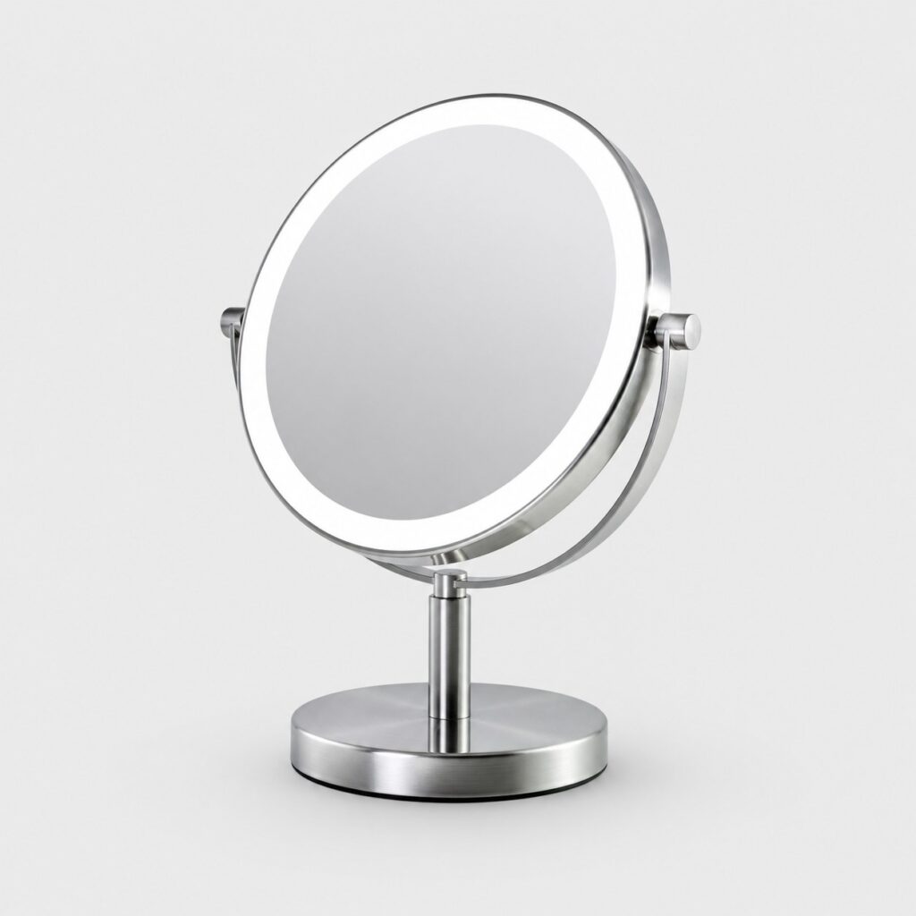 Miroir grossissant lumineux rond chromé de 20 cm sur fond gris clair