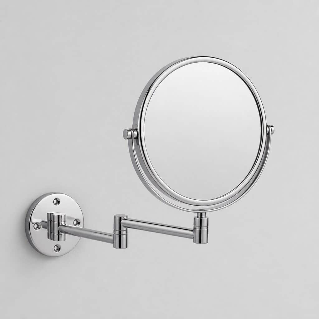 Miroir grossissant mural chromé sur bras articulé, fond gris clair