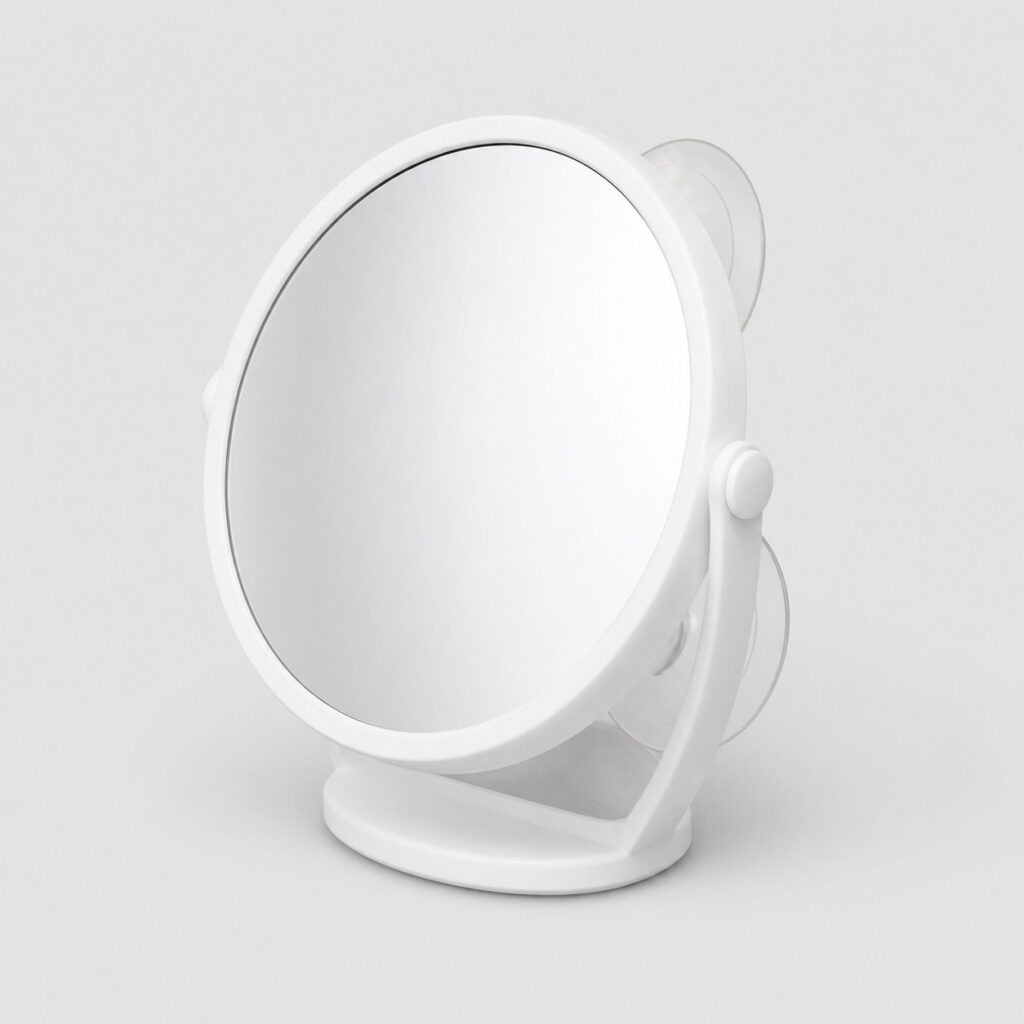 Miroir grossissant blanc à trois ventouses, fond gris clair