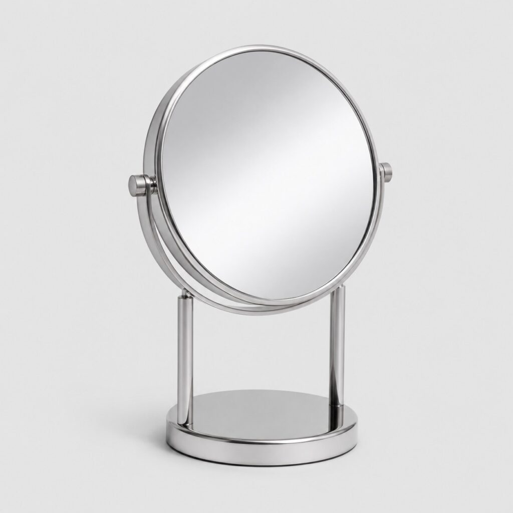Miroir grossissant double face en acier poli de 18 cm sur fond clair