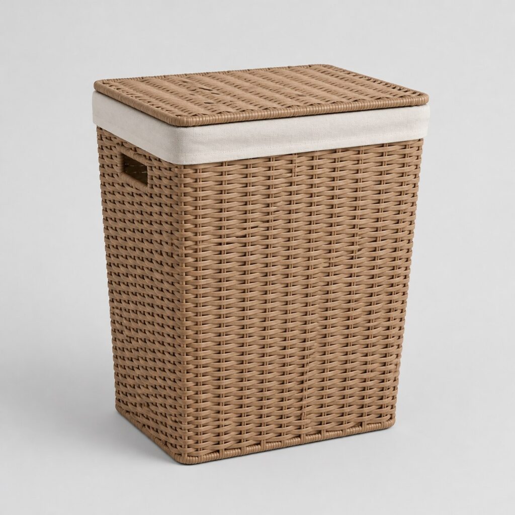 Panier à linge en résine tressée brun clair de 90 litres sur fond gris clair
