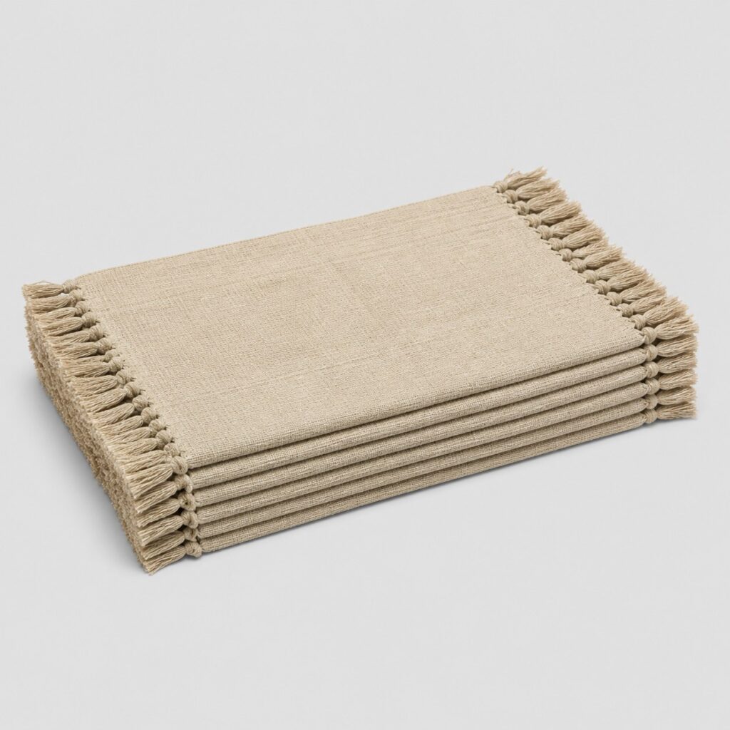Six sets de table en coton beige à franges sur fond gris clair