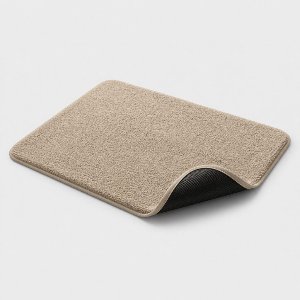 Tapis de bain en microfibre beige lin sur fond gris clair